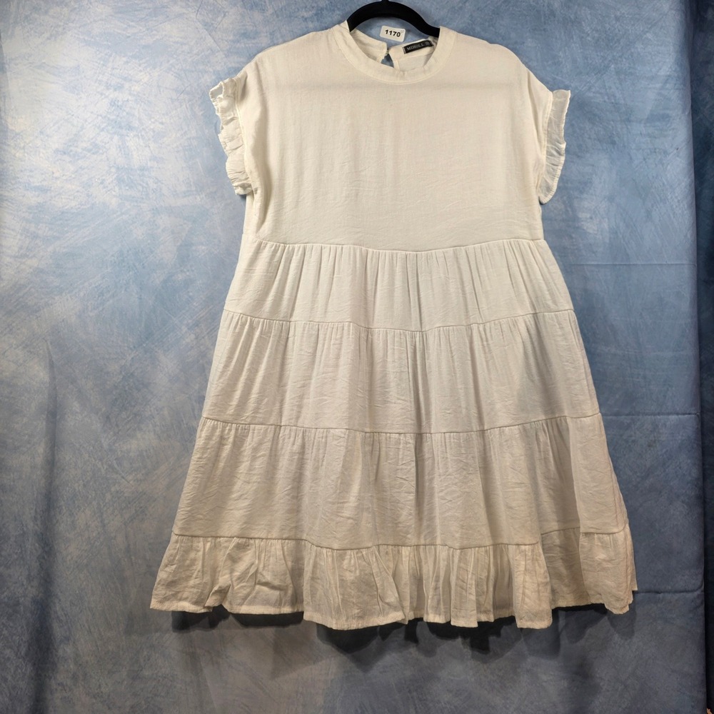 Miholl White Tiered Babydoll Dress Ruffle Cap Sleeve Mini Boho Summer Medium
